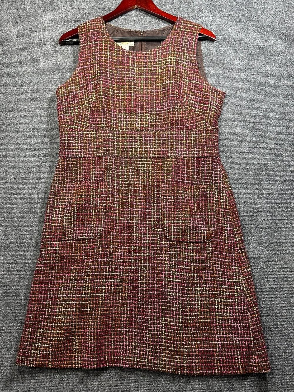 Talbots Dress Womens 12 Petite Brown Purple Tweed Sleeveless Back Zip Pockets
